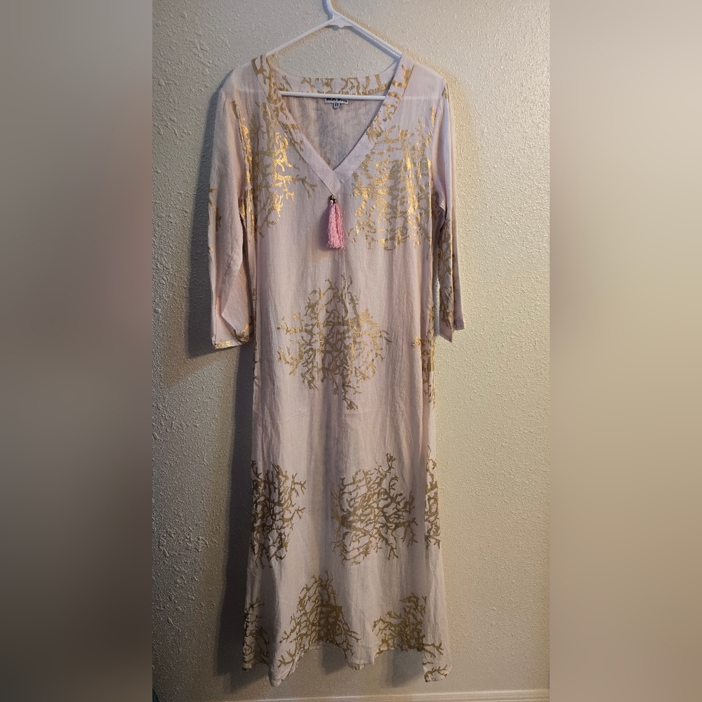 NWT, White Waves, Elegant Light Pink & Gold Printing Women's Dress